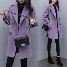 批发大衣女2026秋冬新款中长款灯笼袖小个子紫色毛呢外套女