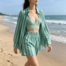 批发已出货  2026秋季东南亚跨境条纹衬衫两件套女宽松<b class='q'>大码</b>衬衣套装女