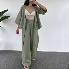 批发<b class='q'>欧美</b>跨境外贸女士时尚休闲宽松套装素色系带七分袖开衫长裤两件套