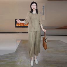批发素雅风棉麻衬衫阔腿裤两件套女2026<b class='q'>夏季</b>宽松遮肉透气时尚妈妈套装