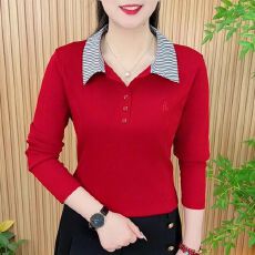批发女士<b class='q'>潮流</b><b class='q'>时尚</b>条纹翻领长袖秋季百搭简约刺绣上衣
