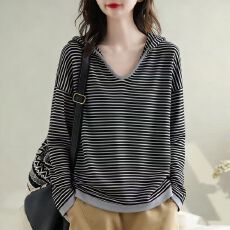 批发官图 <b class='q'>特</b>惠 纯棉色织条 条纹V领外套女连帽春秋季长袖潮