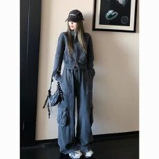 批发美式复古<b class='q'>运动服</b>套装女秋季宽松显瘦时尚炸街卫衣工装裤休闲两件套