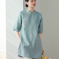 批发出口外贸女装***中国风绣花棉麻茶服衬衫夏季斜襟盘扣中长款上衣