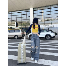 批发大码美式新款浅蓝色破洞阔腿牛仔<b class='q'>裤</b>女高腰显瘦<b class='q'>宽松</b>直筒拖地长<b class='q'>裤</b>子