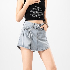 批发<b class='q'>大码</b>浅蓝色高腰牛仔短裤夏季新款美式复古设计感绑带显瘦a字裙裤