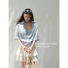 批发HEYGIRL黑哥 智性淡颜 100苎麻拼接蕾丝吊带衬衫叠穿假两件上衣