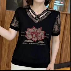 批发<b class='q'>夏季</b>新款高档显瘦黑色短袖t恤女V领荷花遮肚子上衣中年<b class='q'>妈妈装</b>