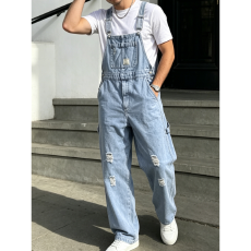 批发HME<b class='q'>欧美</b>男士牛仔裤背带裤高街潮流破洞宽松直筒无弹连体长裤跨境