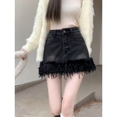 批发HME欧美夏季女士牛仔短裙美式少女毛边修身显瘦气质超短裤裙