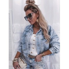 批发HME欧美跨境女士牛仔夹克潮牌高街时尚铆钉长袖翻领短外套