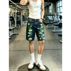 HME欧美跨境男士牛仔短裤潮牌高街美式破洞拼色修身弹力5分中裤