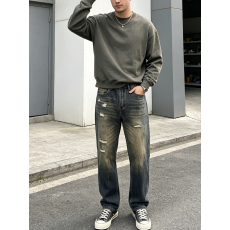 批发TEMU爆款欧美跨境男士牛仔裤潮牌高街破洞做旧宽松小直筒男款长裤