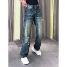 批发欧美跨境男士牛仔裤高街痞帅破洞做旧修身男款小直筒长裤外贸TEMU