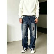 批发TEMU欧美跨境男士<b class='q'>牛仔裤</b>做旧磨破拼接破洞脏脏休闲宽松小直筒长裤