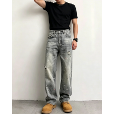 批发欧美跨境男士<b class='q'>牛仔裤</b>美式街头泼墨破洞宽松休闲无弹中直筒长外贸裤