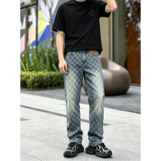 批发欧美跨境男士牛仔裤潮牌高街宽松直筒复古怀旧格子男款长裤外贸