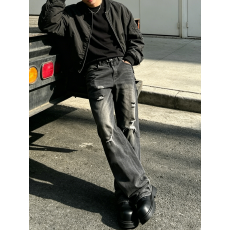 批发欧美跨境男士牛仔裤潮牌高街重磅破洞美式机车潮流微喇男长裤外贸
