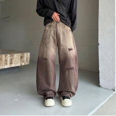 批发美式高街复古破洞莱赛尔弯刀牛仔裤男宽松直筒<b class='q'>潮</b>牌渐变设计感长裤