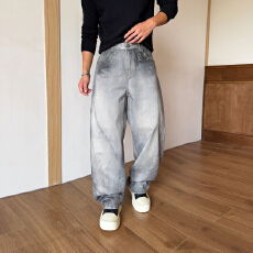 批发美式脏染解构弯刀<b class='q'>牛仔裤</b><b class='q'>男士</b>秋冬季2026新款cleanfit直筒长裤子