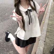 批发套装女2026夏新款韩系甜美波点泡泡袖短袖上衣高腰显瘦蓬蓬花苞酷