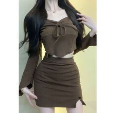 批发纯欲风辣妹小个子套装女初秋甜美抽绳褶皱短款上衣包臀短裙两件套