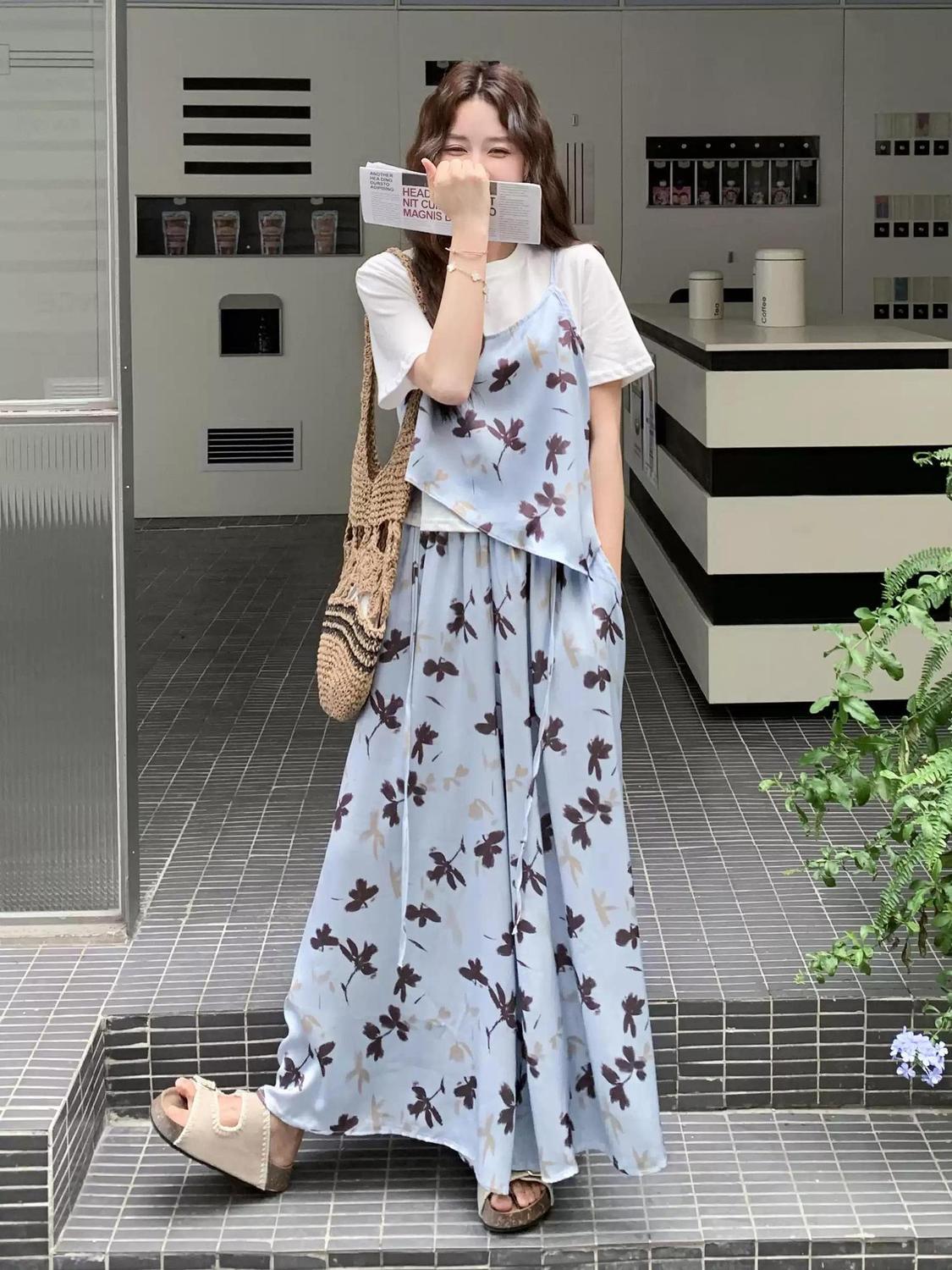 RY7488# 加大码法式度假风碎花吊带t恤短袖阔腿裤裙两件套女2026