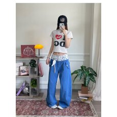 美式波点拼接双腰头设计工装阔腿裤男女2026宽松百搭学院风弯刀裤