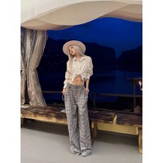 批发韩式<b class='q'>亚麻</b>混纺格纹打褶西裤男女直筒慵懒风垂感阔腿休闲长裤子