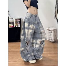批发美式高街格子破洞阔腿牛仔裤<b class='q'>男</b>女直筒宽松潮牌痞帅乞丐长裤