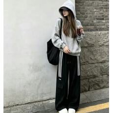 批发韩式复古三条杠直筒工装裤女高腰宽松束脚显瘦休闲爵士舞裤子