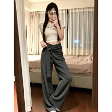 批发原版色织条韩式条纹绑带显瘦<b class='q'>运动</b>休闲裤女慵懒风休闲裤垂感拖地裤