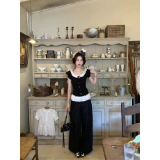 批发原版斜纹面料原版做工韩式波点花边短袖阔腿裤套装女休闲慵懒风