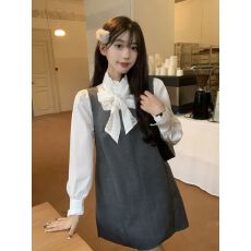 批发韩式高级感蝴蝶结衬衣方领毛呢背带裙女宽松显瘦叠穿<b class='q'>短裙</b>套装