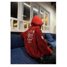 批发原版格子布复合美式高街全刺绣字母格纹连帽开衫男女<b class='q'>街头</b>上衣外套
