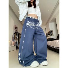 批发美式高街星星侧边字母印花阔腿弯刀卫裤<b class='q'>男</b>女痞帅宽松慵懒感运动裤