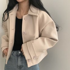 批发韩式简约短款翻领单排扣毛呢外套女高级设计感简约<b class='q'>风衣</b>呢子开衫
