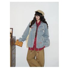 批发韩式复古欧若风蓝白条纹串珠抽绳<b class='q'>翻领</b>夹克男女短款工装外套