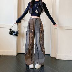 批发美式街头废土风做旧重工磨边阔腿牛仔裤<b class='q'>女</b>街头休闲显瘦<b class='q'>长裤</b>