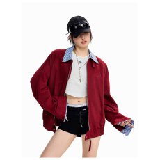批发美式立领拼接格纹工装外套男女宽松<b class='q'>休闲</b>百搭飞行夹克
