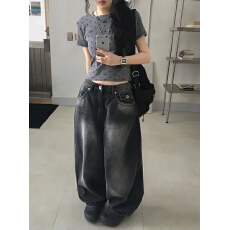 批发美式复古渐变水洗做旧阔腿<b class='q'>牛仔裤</b>男女低腰垂感拖地长裤