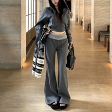 美式复古条纹腰头拼接微喇叭卫裤女慵懒风设计感微喇休闲裤