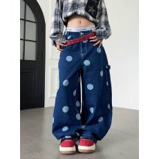批发美式复古波点满印爱心口袋牛仔裤男女宽松百搭拖地长裤