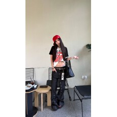 批发美式复古小众设计感排扣阔腿牛仔裤男女高街辣妹宽松显瘦拖地长裤