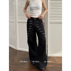 批发美式复古宫廷风双排珍珠扣铆钉高腰牛仔裤男女宽松设计感直筒裤