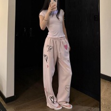 批发韩式复古涂鸦印花休闲卫裤女中低腰显瘦百搭拖地长裤