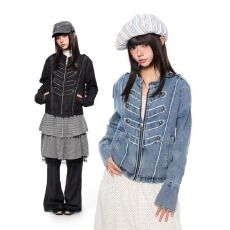批发美式复古亨利领磨毛毛边拿破仑纽扣牛仔短款外套男<b class='q'>女</b>工装<b class='q'>夹克</b>衫