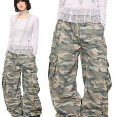 批发美式复古铆钉大口袋迷彩阔腿休闲裤男女宽松<b class='q'>百搭</b>垂感拖地裤