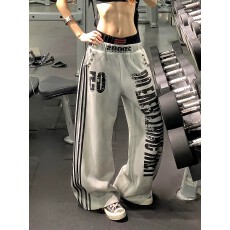 批发美式高街做旧脏污风字母双腰头卫裤男女设计感宽松垂感弯刀阔腿裤