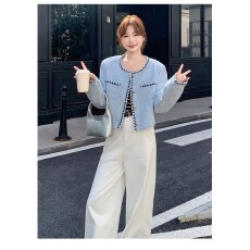 批发韩式小香风粗花呢圆领短外套女高级感小个子千金名媛开衫上衣